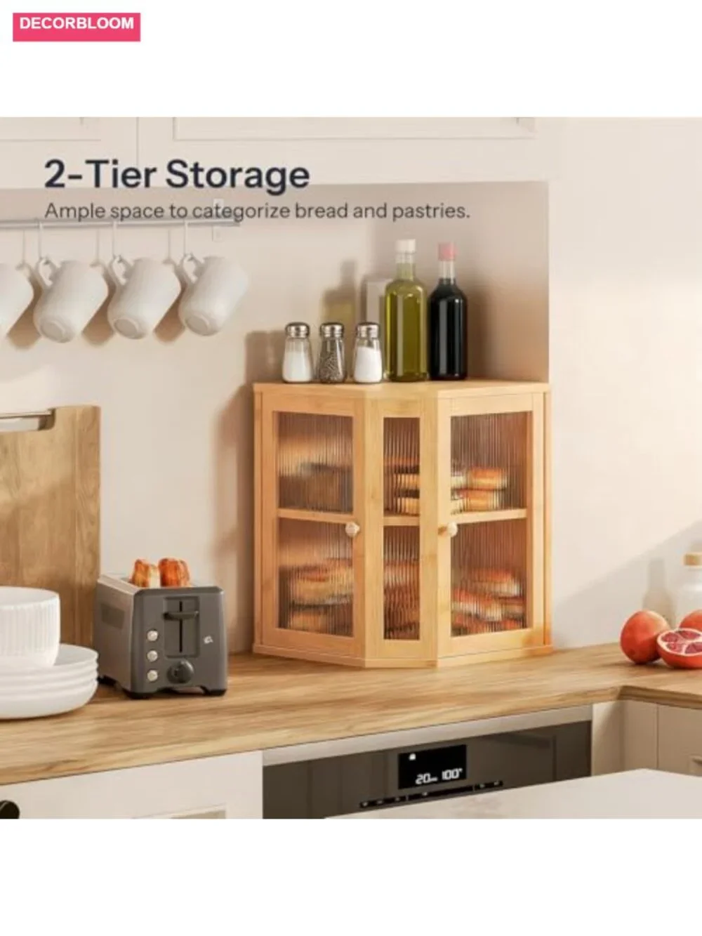 Bamboo 2-Tier Corner Bread Box with Acrylic Doors for Kitchen Countertop